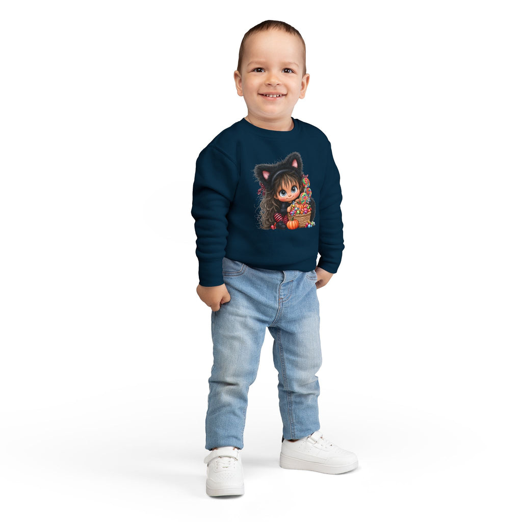 Toddler Sweatshirt — Cute Black Cat Costume Kid's Halloween Sweatshirt with Candy Basket