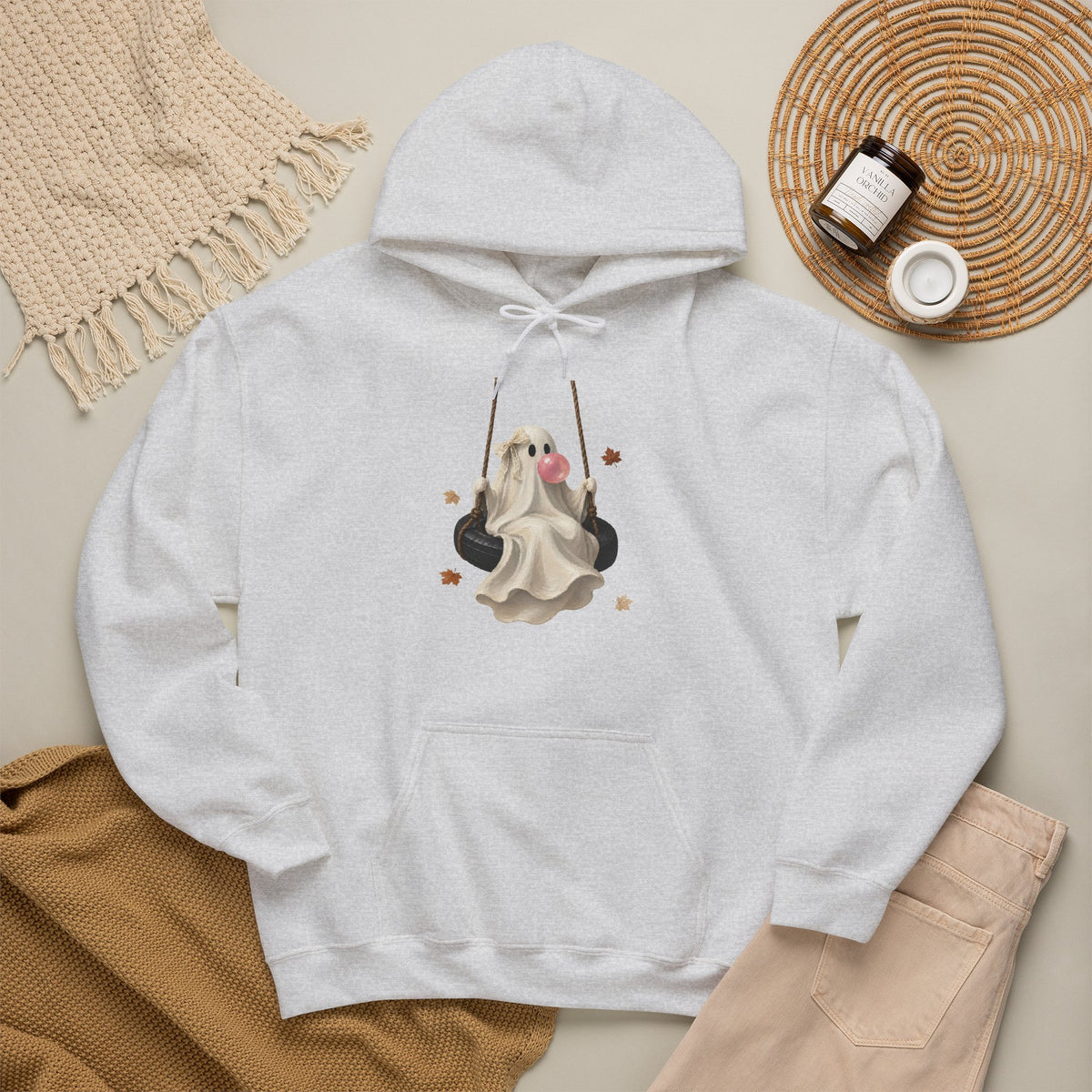 Cute Bubblegum Ghost on a Swing - Halloween Hoodie