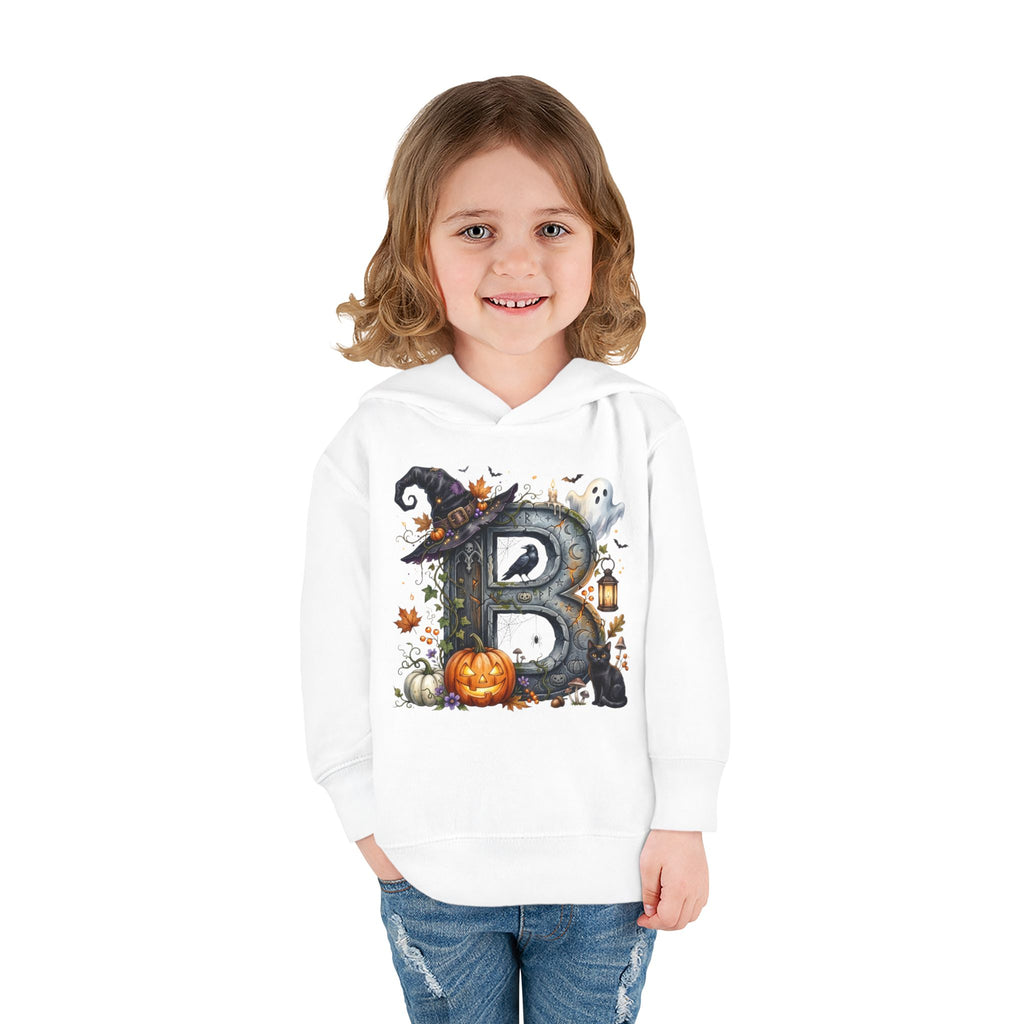 Toddler Hoodie — Halloween Custom Initial Pullover (Witch Hat, Pumpkin & Ghosts)