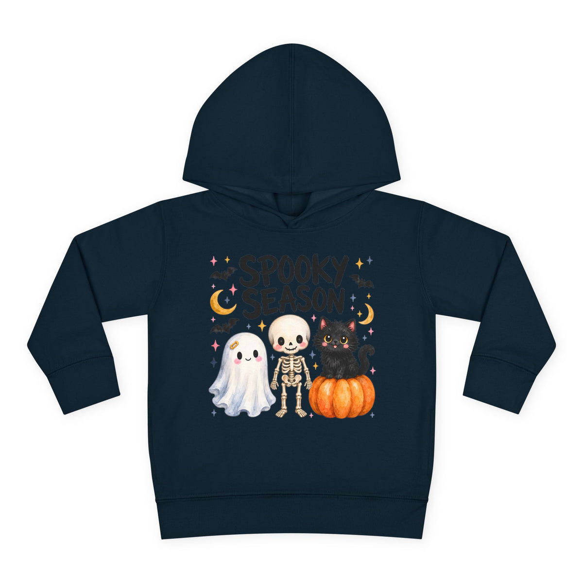Toddler Hoodie — "Spooky Season" Cute Ghost, Skeleton & Black Cat Halloween Pullover