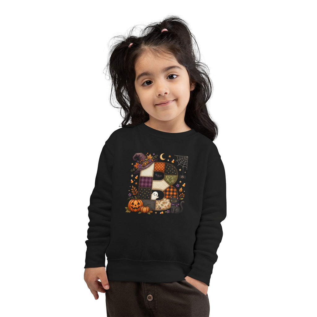 Kids Halloween Custom Initial Sweatshirt — Patchwork Pumpkin Witch Hat Design
