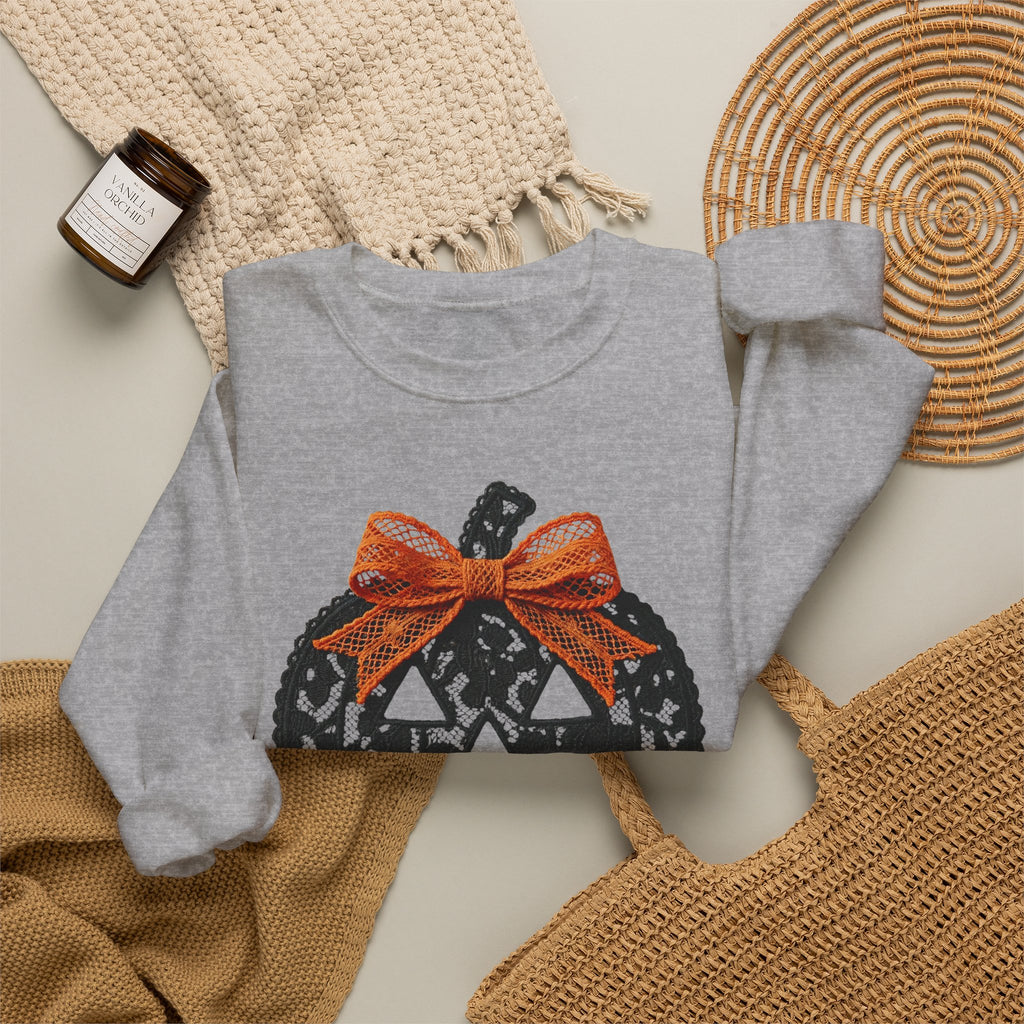 Lace Pumpkin & Orange Bow 3D Graphic | Halloween Pullover Sweatshirt