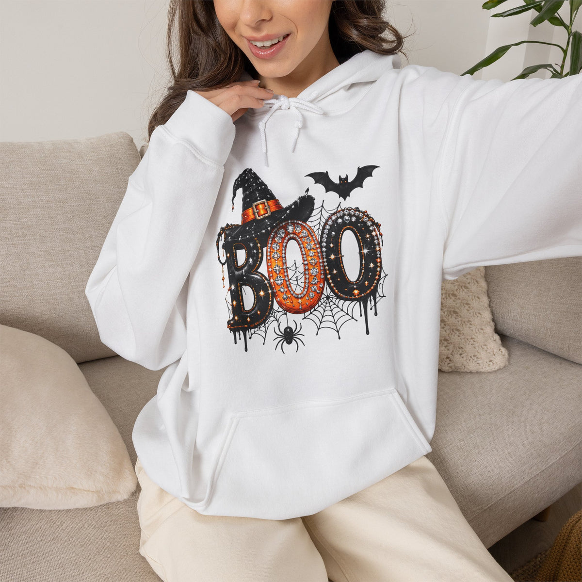 'BOO' Witch Hat, Bat & Spiderweb Graphic - Halloween Hoodie
