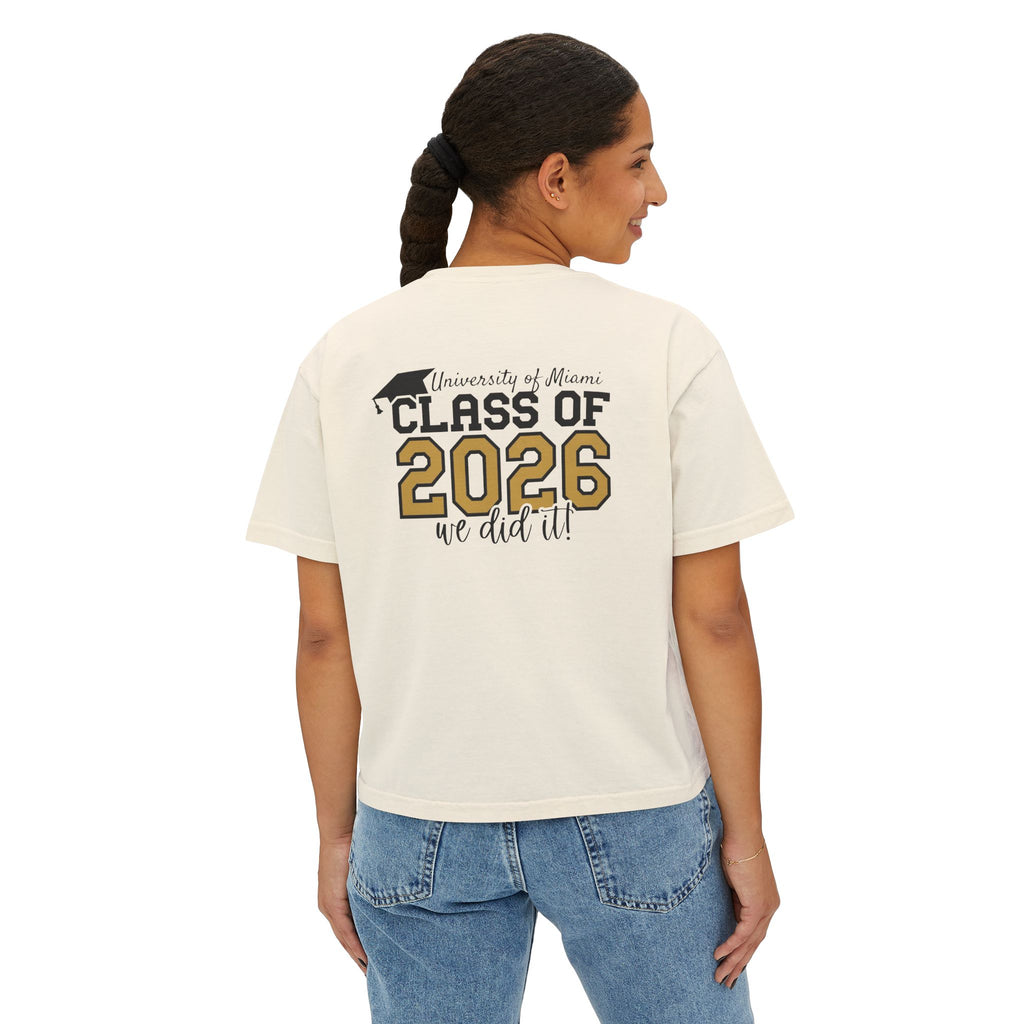 Class of 2026 FRONT & BACK Women's Boxy, Slightly Cropped Tee – Customize School Name Optional Graduation T‑Shirt