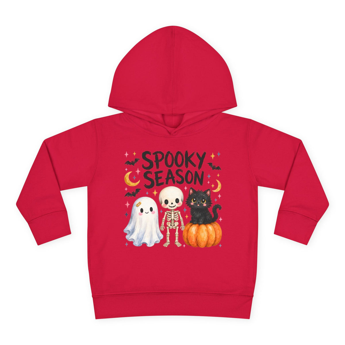 Toddler Hoodie — "Spooky Season" Cute Ghost, Skeleton & Black Cat Halloween Pullover