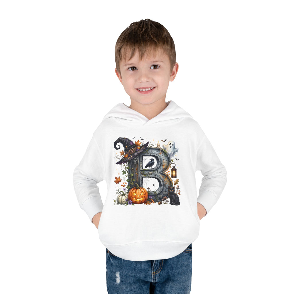 Toddler Hoodie — Halloween Custom Initial Pullover (Witch Hat, Pumpkin & Ghosts)
