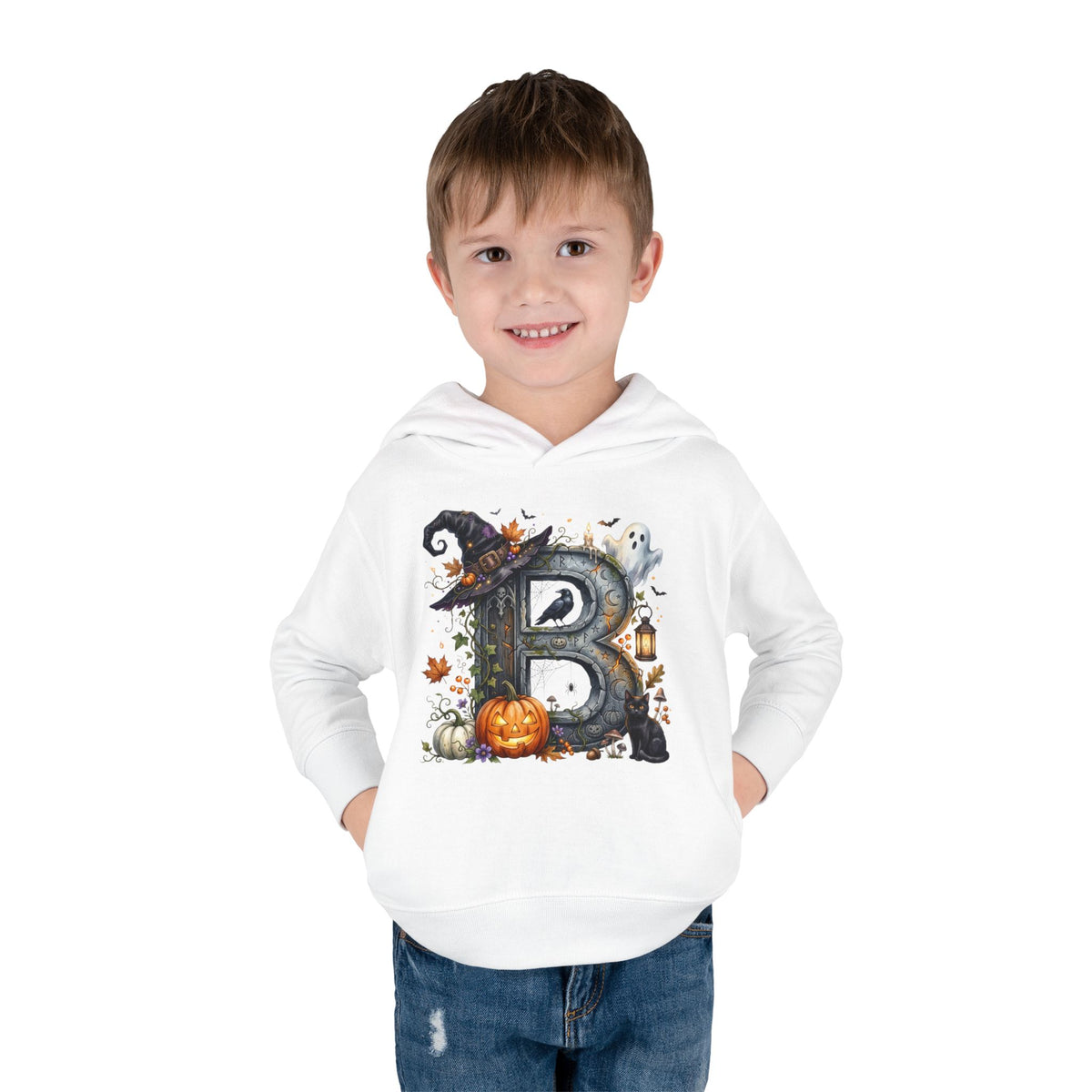 Toddler Hoodie — Halloween Custom Initial Pullover (Witch Hat, Pumpkin & Ghosts)