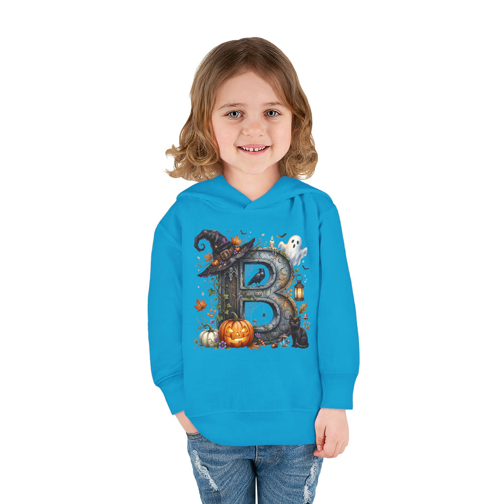 Toddler Hoodie — Halloween Custom Initial Pullover (Witch Hat, Pumpkin & Ghosts)