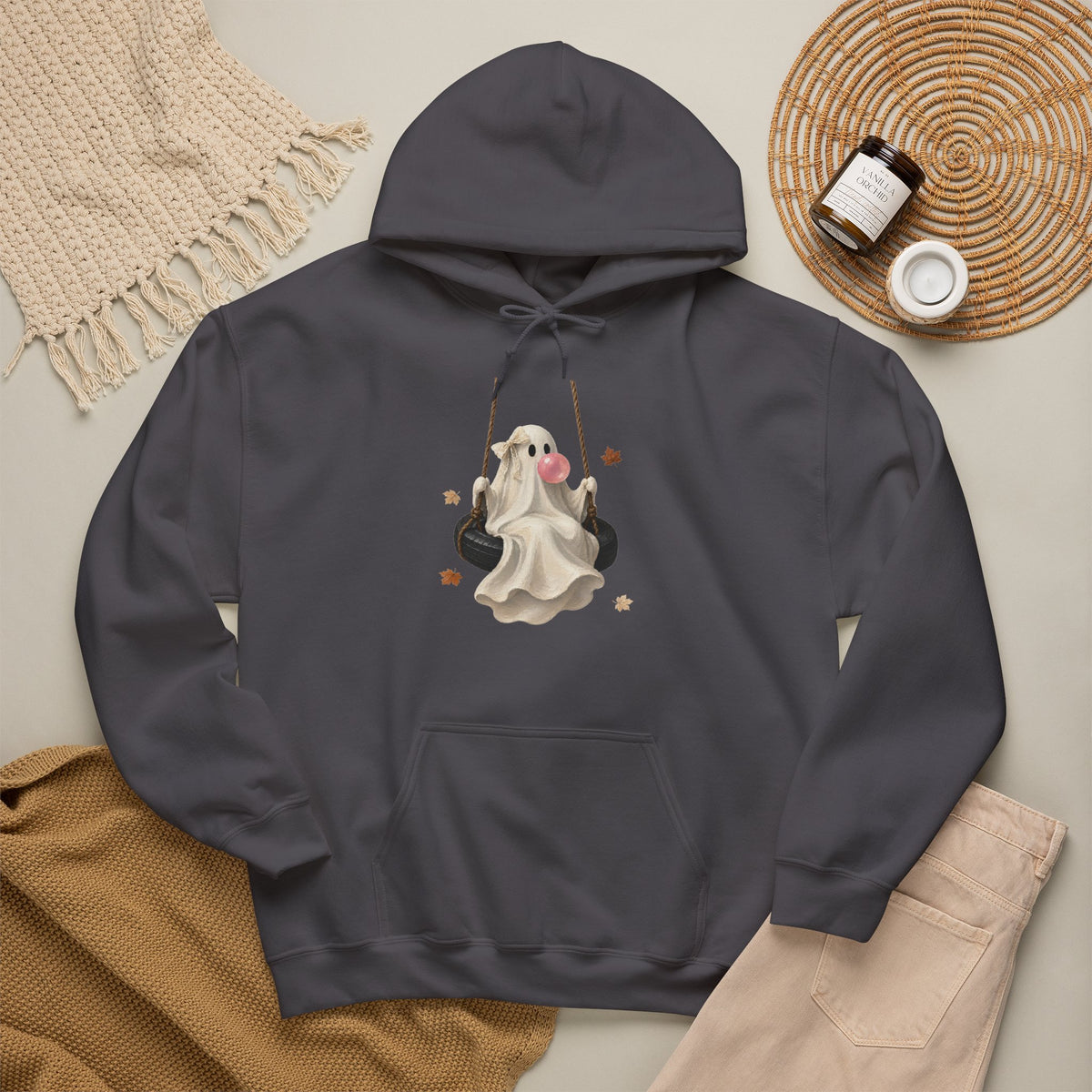Cute Bubblegum Ghost on a Swing - Halloween Hoodie