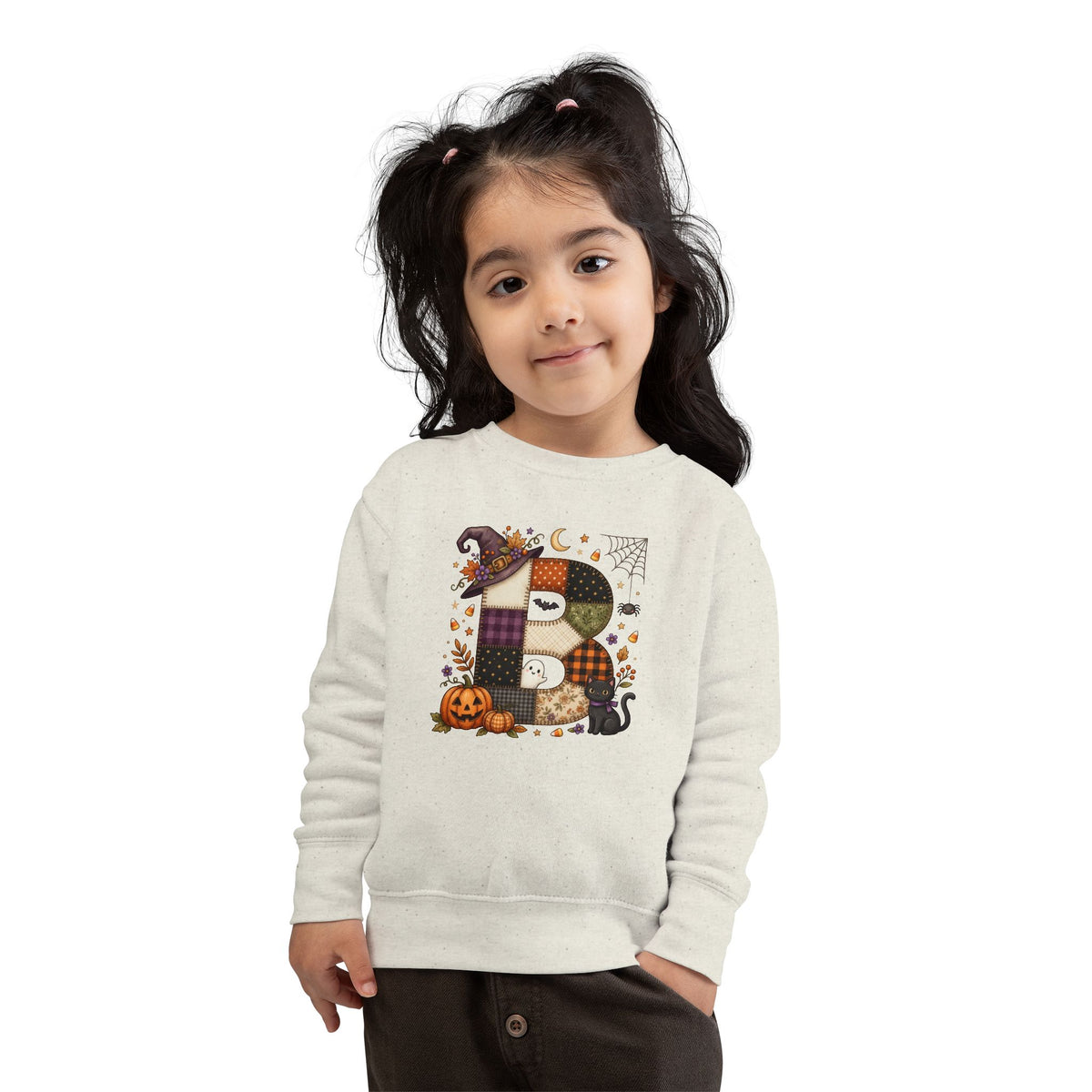 Kids Halloween Custom Initial Sweatshirt — Patchwork Pumpkin Witch Hat Design