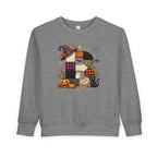 Kids Halloween Custom Initial Sweatshirt — Patchwork Pumpkin Witch Hat Design