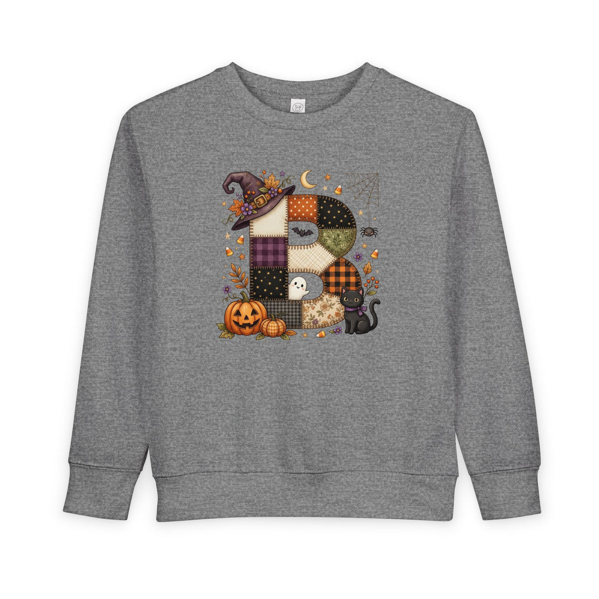 Kids Halloween Custom Initial Sweatshirt — Patchwork Pumpkin Witch Hat Design