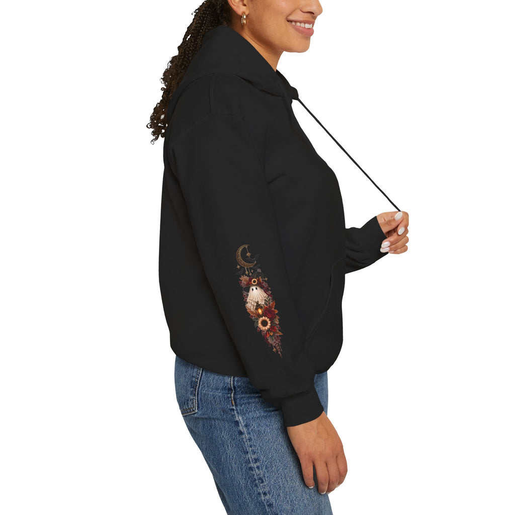 Boho Moon & Sunflower Hoodie — Crescent Moon Floral Sleeve Sweatshirt
