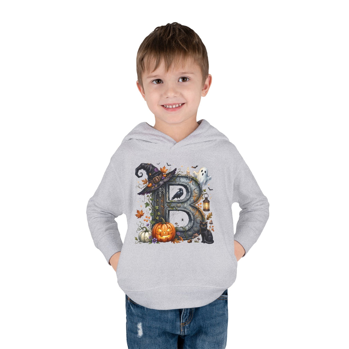 Toddler Hoodie — Halloween Custom Initial Pullover (Witch Hat, Pumpkin & Ghosts)