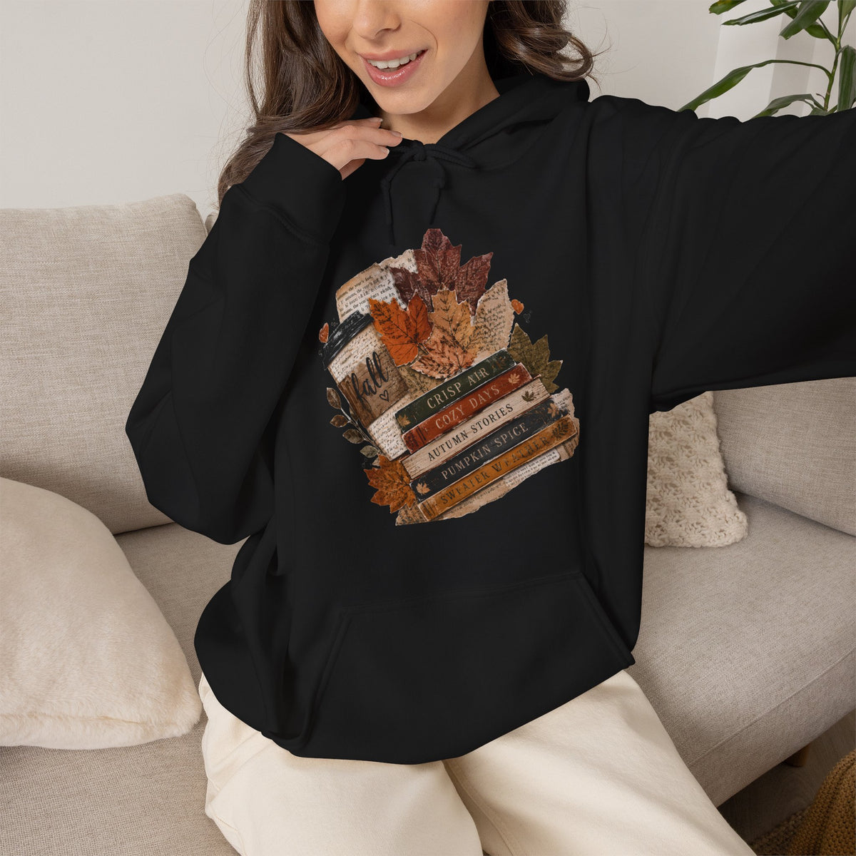 Autumn Bookstack — Cozy Fall Hoodie (Leaves & ‘Read More Books’ Design)
