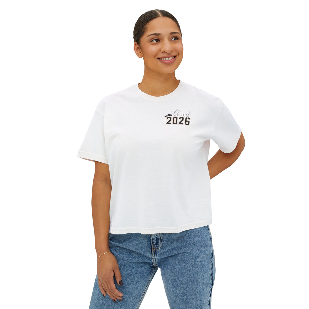 Class of 2026 FRONT & BACK Women's Boxy, Slightly Cropped Tee – Customize School Name Optional Graduation T‑Shirt