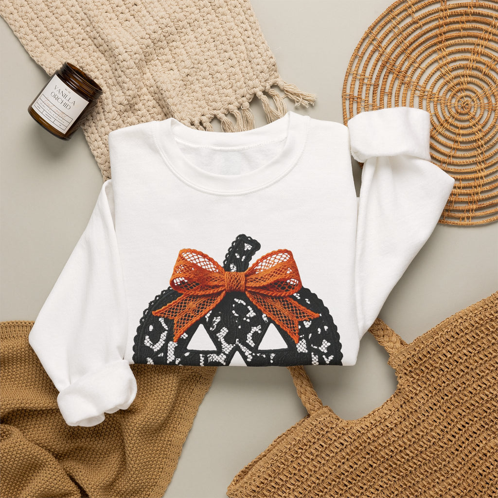 Lace Pumpkin & Orange Bow 3D Graphic | Halloween Pullover Sweatshirt