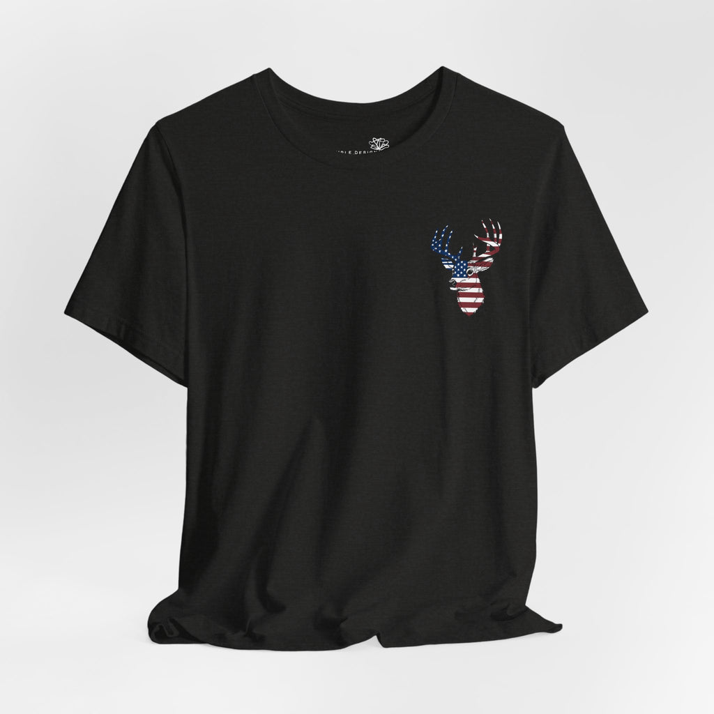 Patriotic Deer Head Graphic Tee — Red White & Blue Double-Sided Hunting Shirt | S–3XL