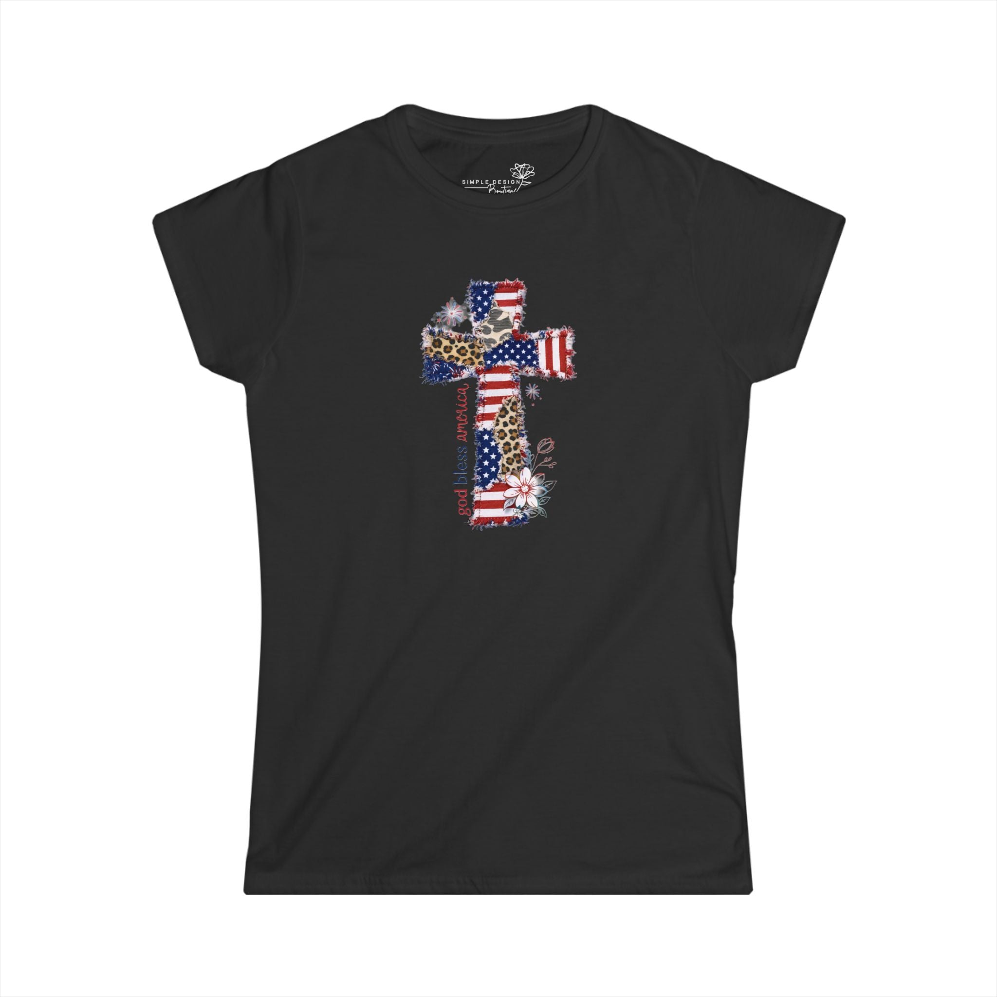 Patriotic Leopard Cross Tee — American Flag Christian Women's Shirt