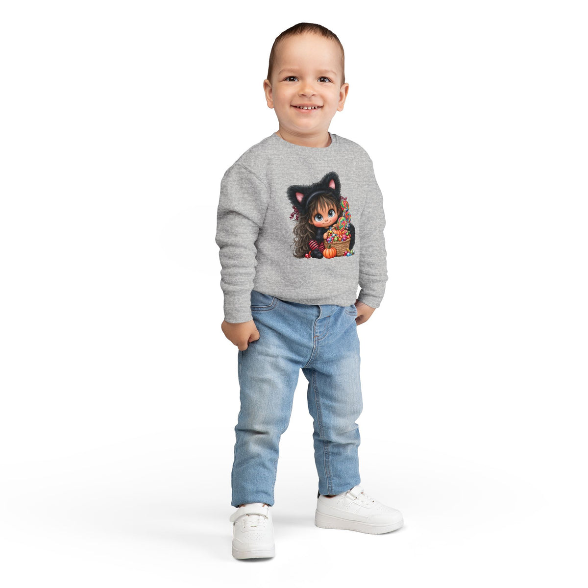 Toddler Sweatshirt — Cute Black Cat Costume Kid's Halloween Sweatshirt with Candy Basket