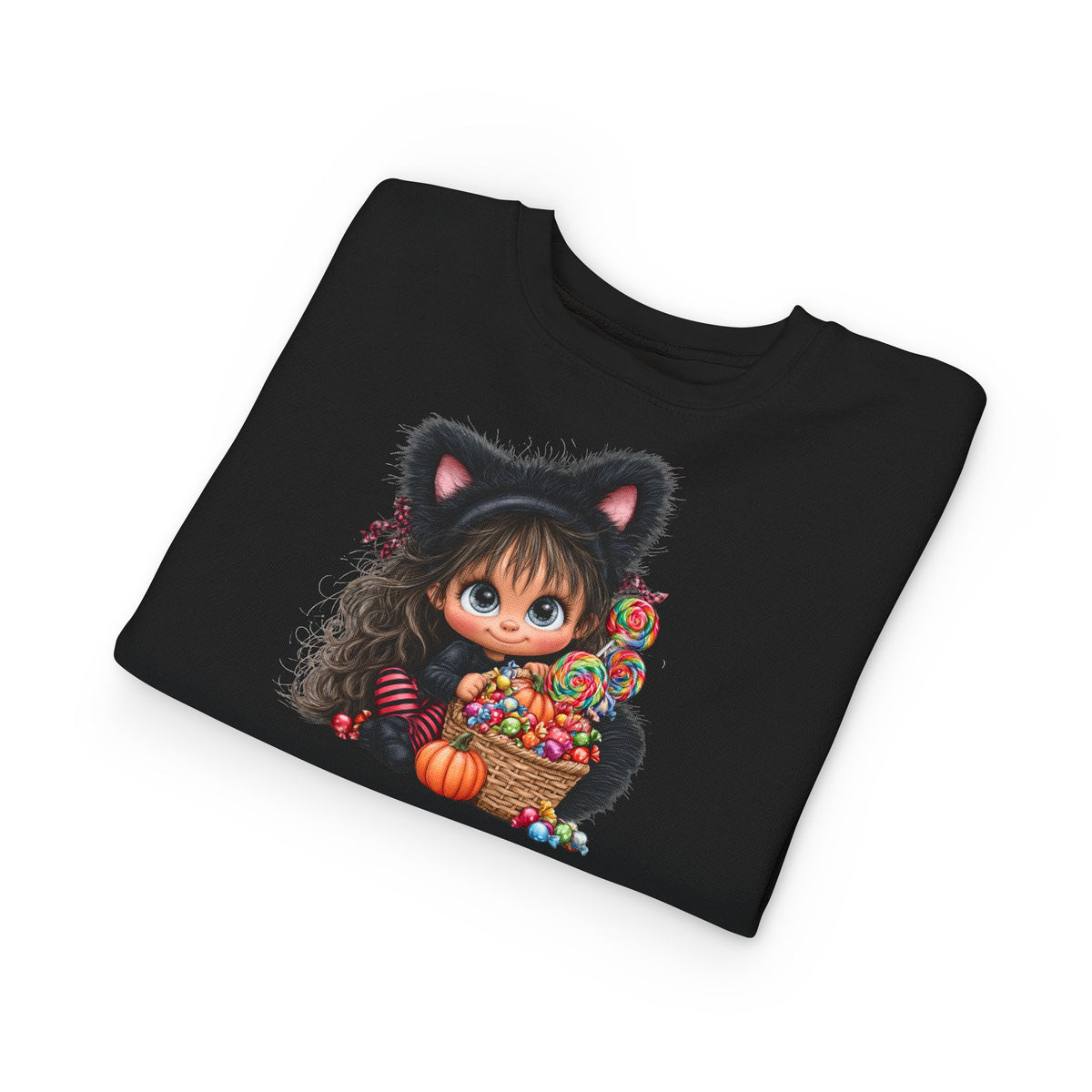 Toddler Sweatshirt — Cute Black Cat Costume Kid's Halloween Sweatshirt with Candy Basket