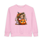 Toddler Sweatshirt — Cute Halloween Pumpkin Witch Girl Fall Crewneck