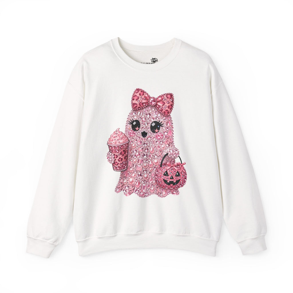 Pink Glitter Ghost Candy and Coffee Graphic - Halloween Pullover Sweatshirt