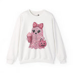 Pink Glitter Ghost Candy and Coffee Graphic - Halloween Pullover Sweatshirt