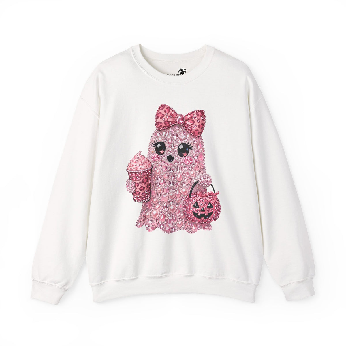 Pink Glitter Ghost Candy and Coffee Graphic - Halloween Pullover Sweatshirt