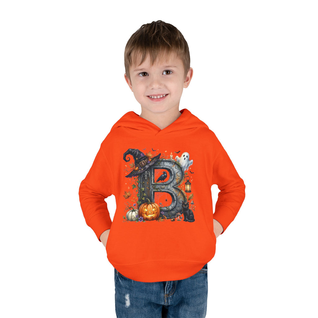 Toddler Hoodie — Halloween Custom Initial Pullover (Witch Hat, Pumpkin & Ghosts)