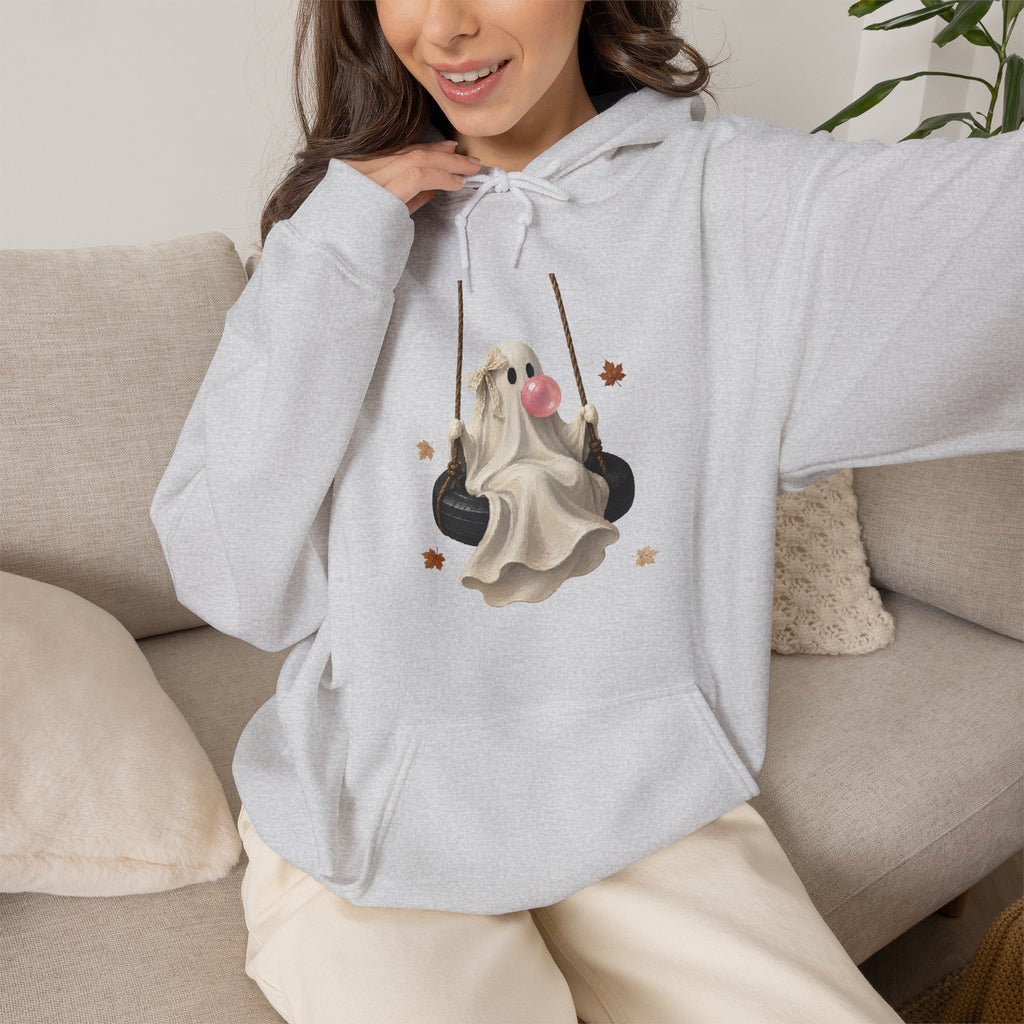 Cute Bubblegum Ghost on a Swing - Halloween Hoodie
