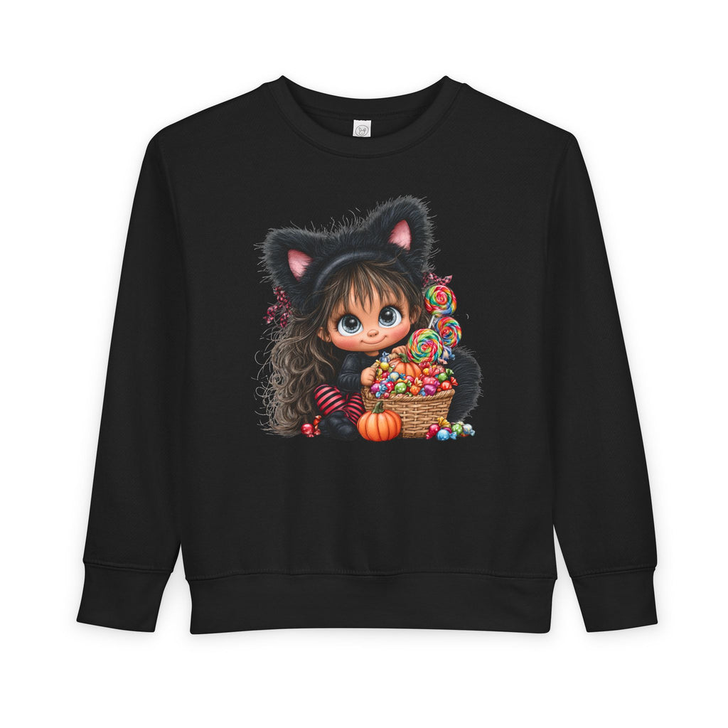 Toddler Sweatshirt — Cute Black Cat Costume Kid's Halloween Sweatshirt with Candy Basket