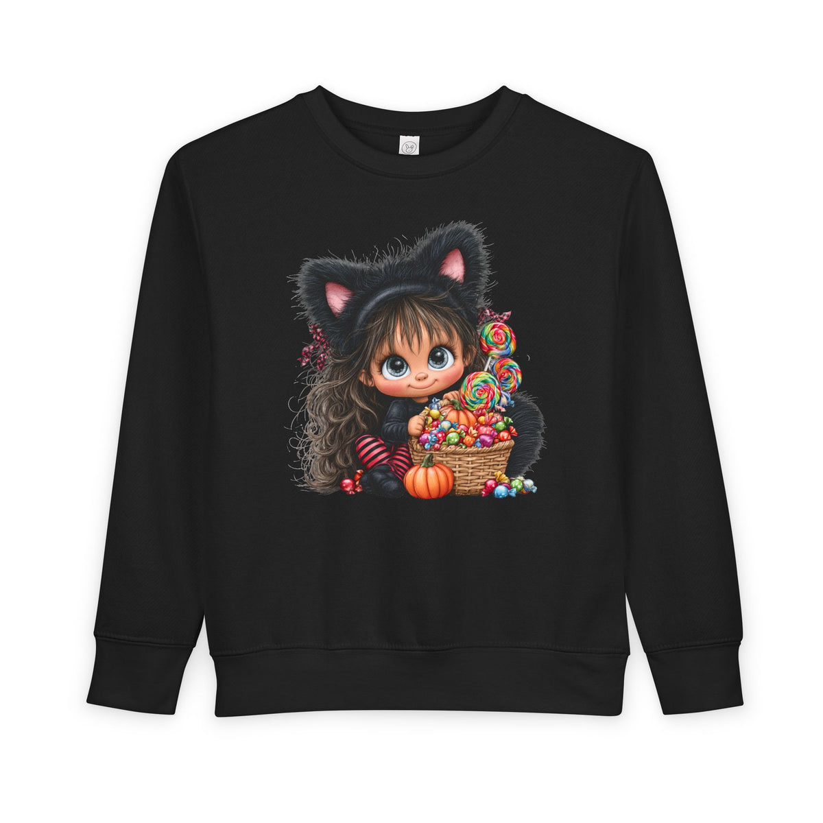 Toddler Sweatshirt — Cute Black Cat Costume Kid's Halloween Sweatshirt with Candy Basket