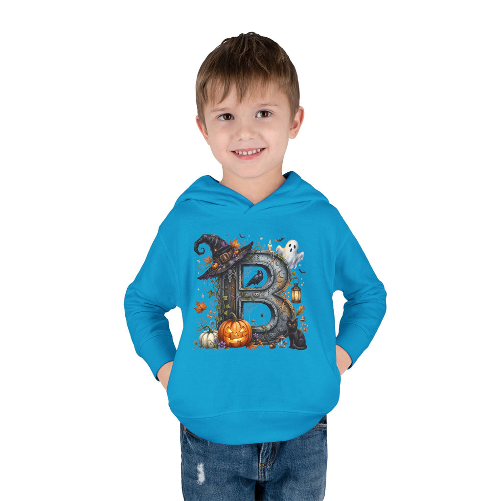 Toddler Hoodie — Halloween Custom Initial Pullover (Witch Hat, Pumpkin & Ghosts)