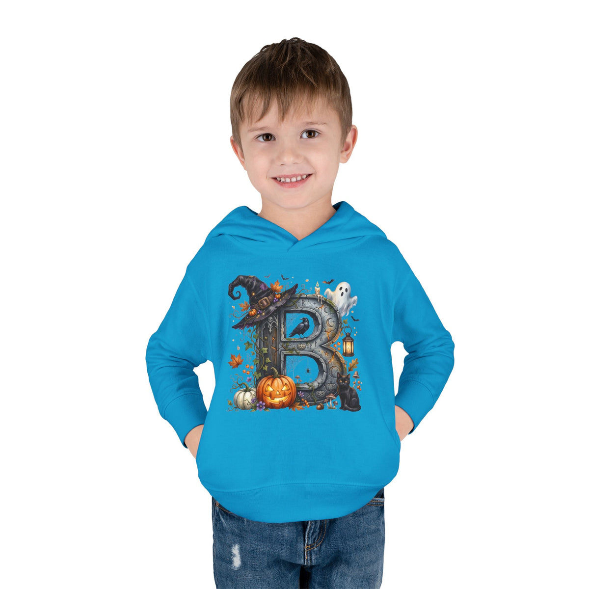 Toddler Hoodie — Halloween Custom Initial Pullover (Witch Hat, Pumpkin & Ghosts)