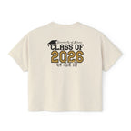 Class of 2026 FRONT & BACK Women's Boxy, Slightly Cropped Tee – Customize School Name Optional Graduation T‑Shirt