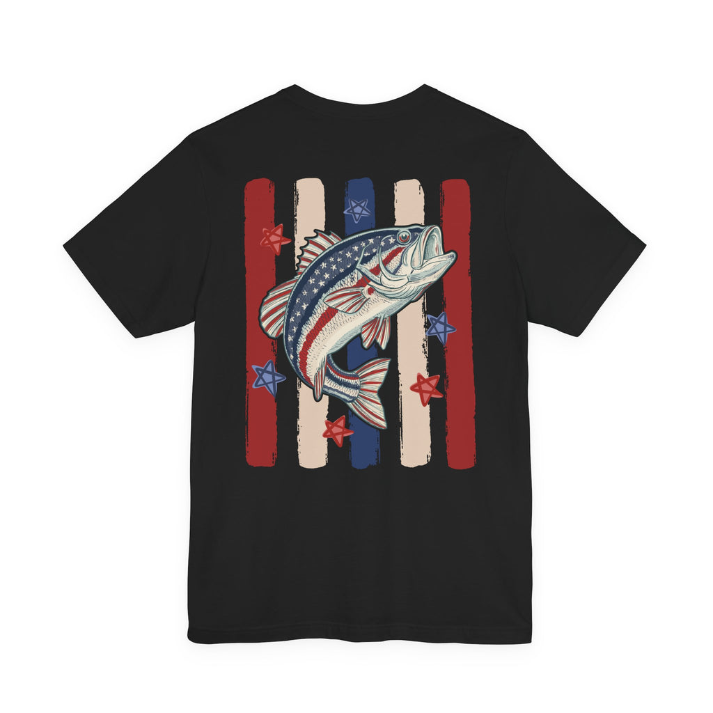 Patriotic Bass Fishing Graphic Tee — Red White & Blue Double-Sided Fishing Shirt | S–3XL