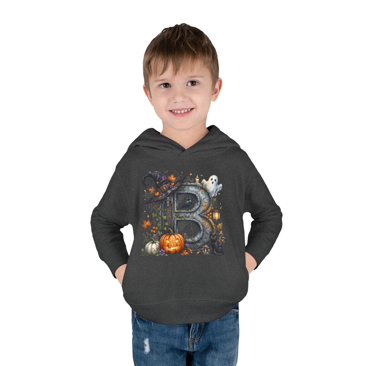 Toddler Hoodie — Halloween Custom Initial Pullover (Witch Hat, Pumpkin & Ghosts)