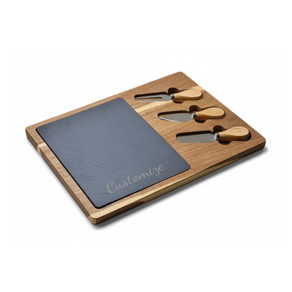 Engraved Acacia Charcuterie Board with Knives — Custom Cutting Board Set