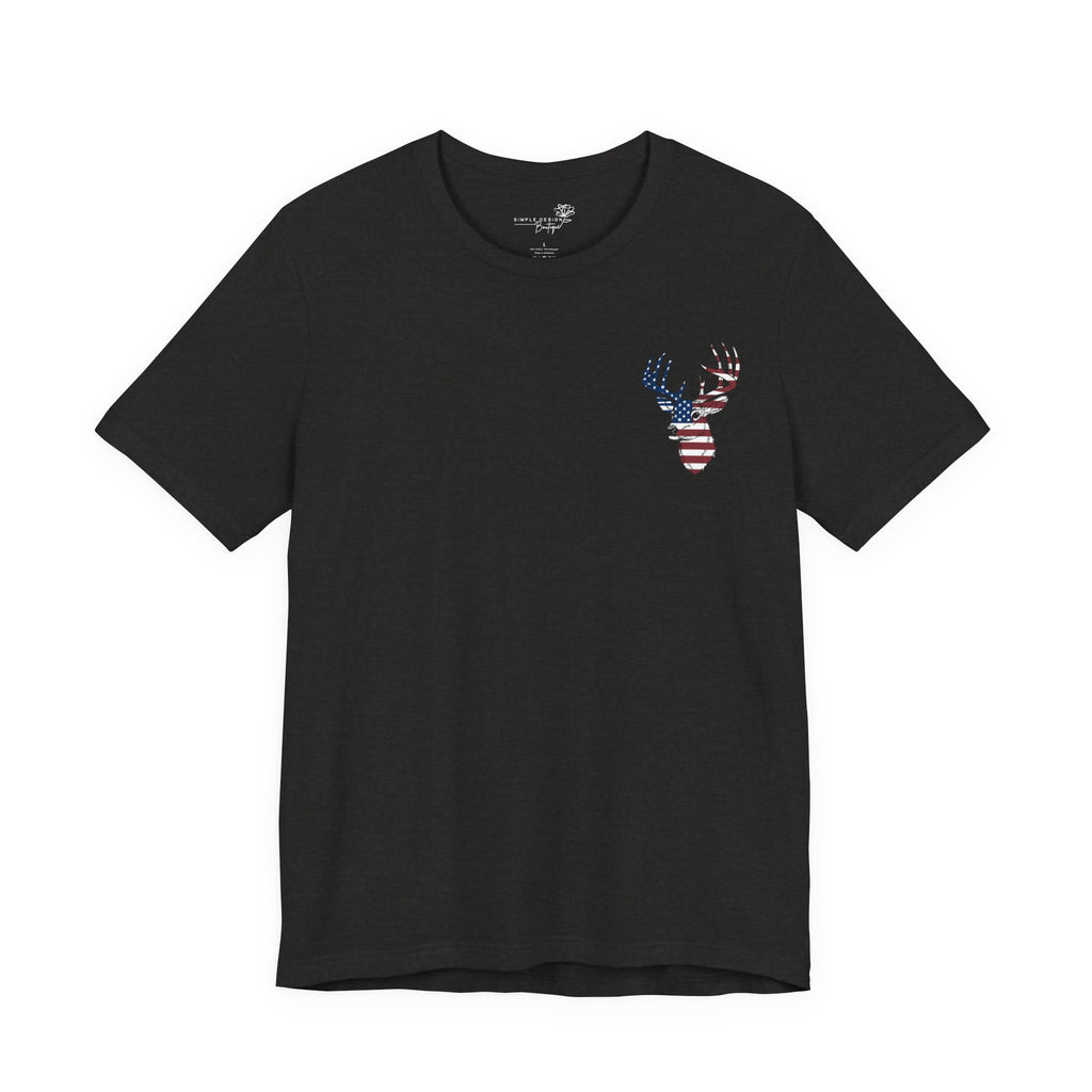 Patriotic Deer Head Graphic Tee — Red White & Blue Double-Sided Hunting Shirt | S–3XL
