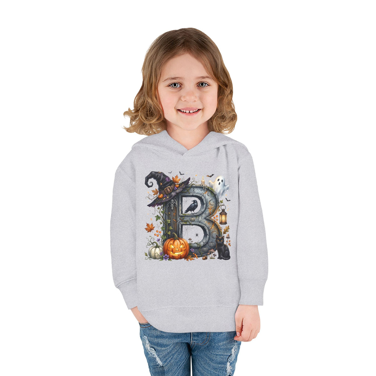 Toddler Hoodie — Halloween Custom Initial Pullover (Witch Hat, Pumpkin & Ghosts)