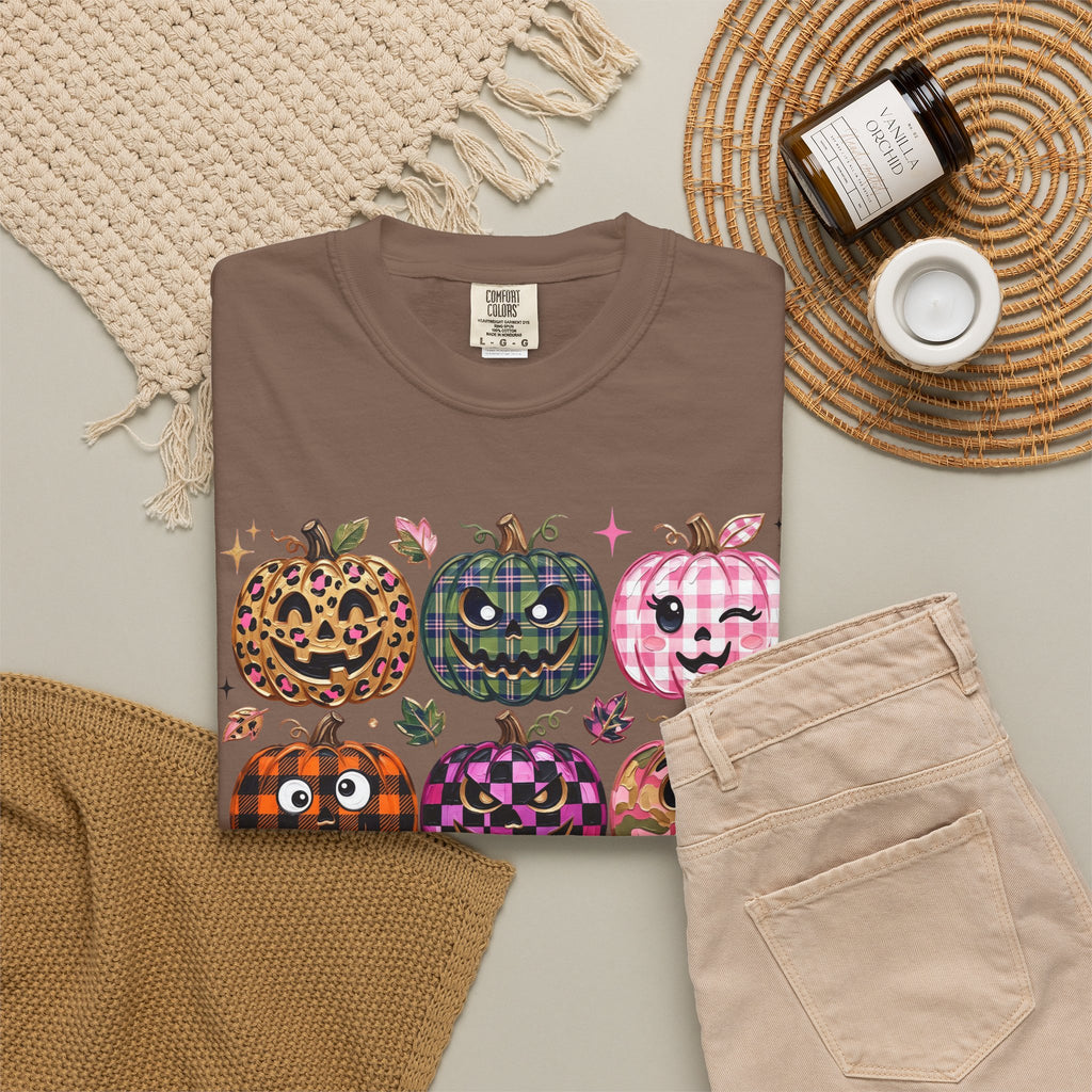 Patterned Comfort Colors Pumpkin Patch T-Shirt — Cute Halloween Jack-O'-Lanterns