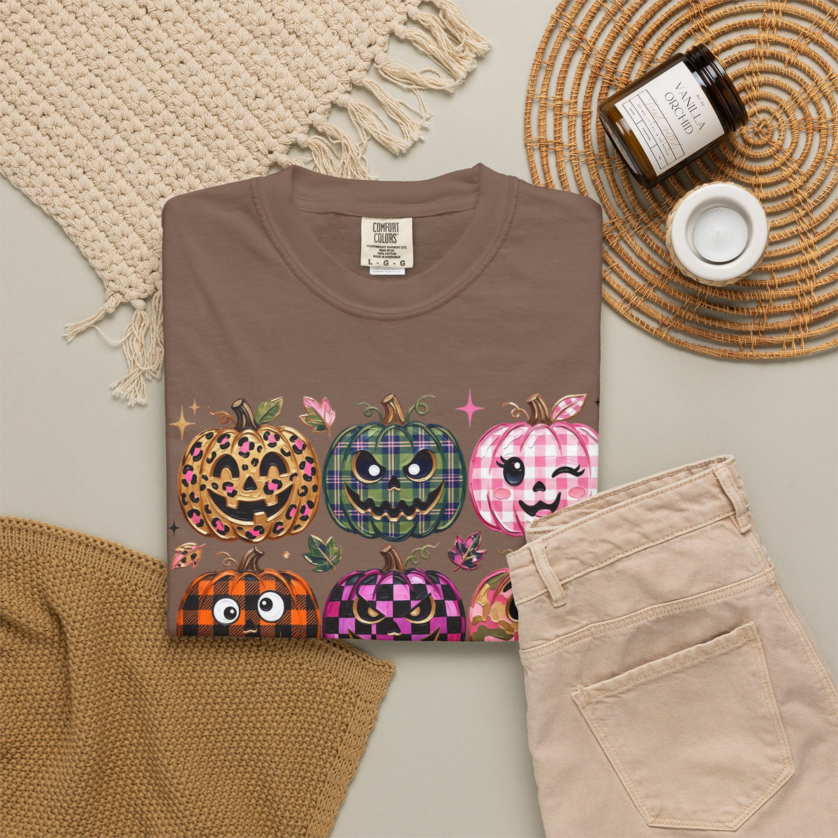 Patterned Comfort Colors Pumpkin Patch T-Shirt — Cute Halloween Jack-O'-Lanterns