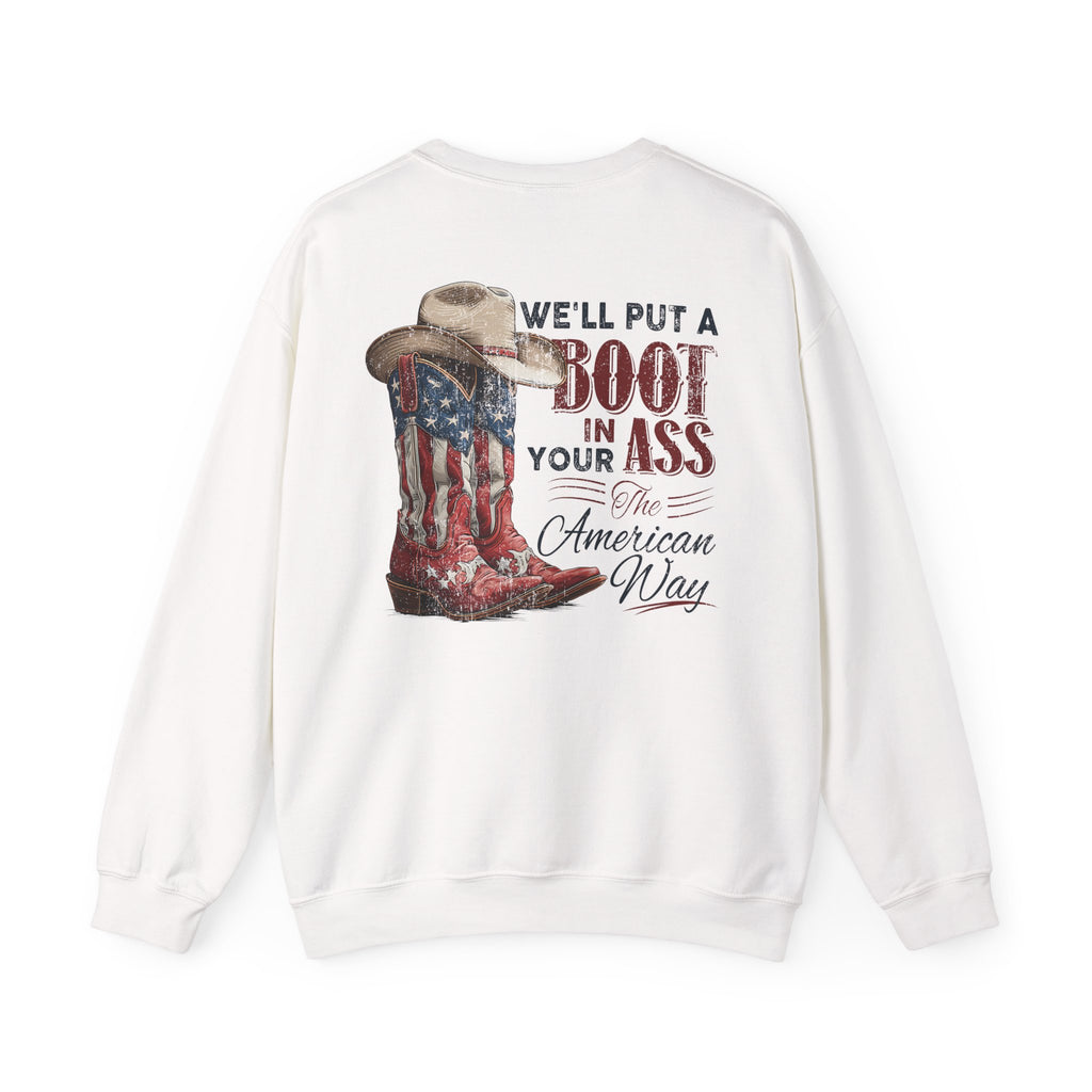 FRONT &  BACK "Brought to You Courtesy of the Red, White & Blue" Patriotic Cowboy Boots Crewneck | S–3XL