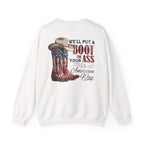 FRONT &  BACK "Brought to You Courtesy of the Red, White & Blue" Patriotic Cowboy Boots Crewneck | S–3XL