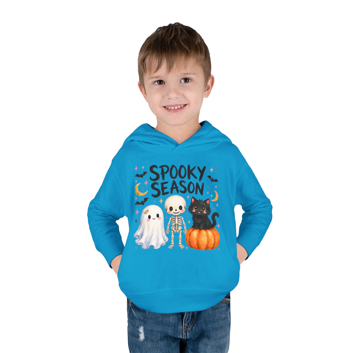 Toddler Hoodie — "Spooky Season" Cute Ghost, Skeleton & Black Cat Halloween Pullover