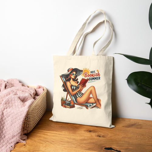 Bookish Summer Canvas Tote Bag — Retro Pinup Reading Beach Bag | 15” x 16”