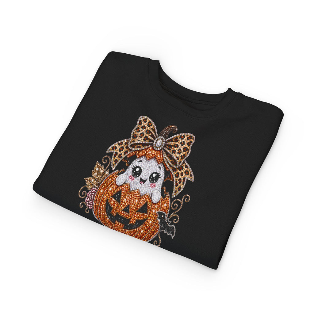 Kids Halloween Sweatshirt — Cute Ghost in Leopard Bow Pumpkin