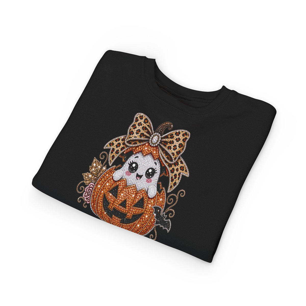 Kids Halloween Sweatshirt — Cute Ghost in Leopard Bow Pumpkin