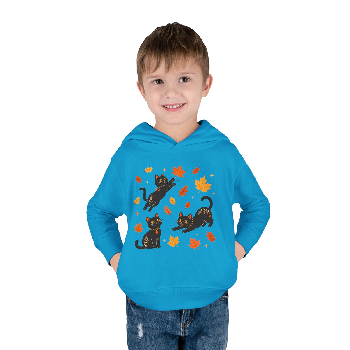 Toddler Hoodie — Playful Black Cats with Falling Autumn Leaves